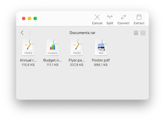A compressed file that was opened by Archiver without previous extraction, allowing you to preview its contents.