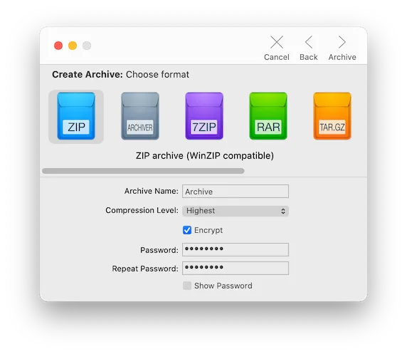 An Archiver compression in progress where you can see a password field to safely protect your compressed file.